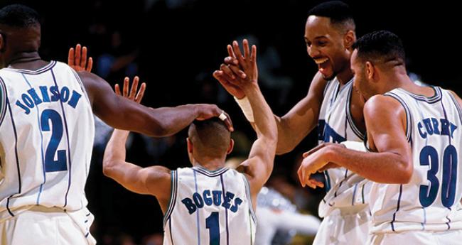 Hornets - Alonzo Mourning, Mugsy Bogues, Dell Curry and , Larry Johnson 1995